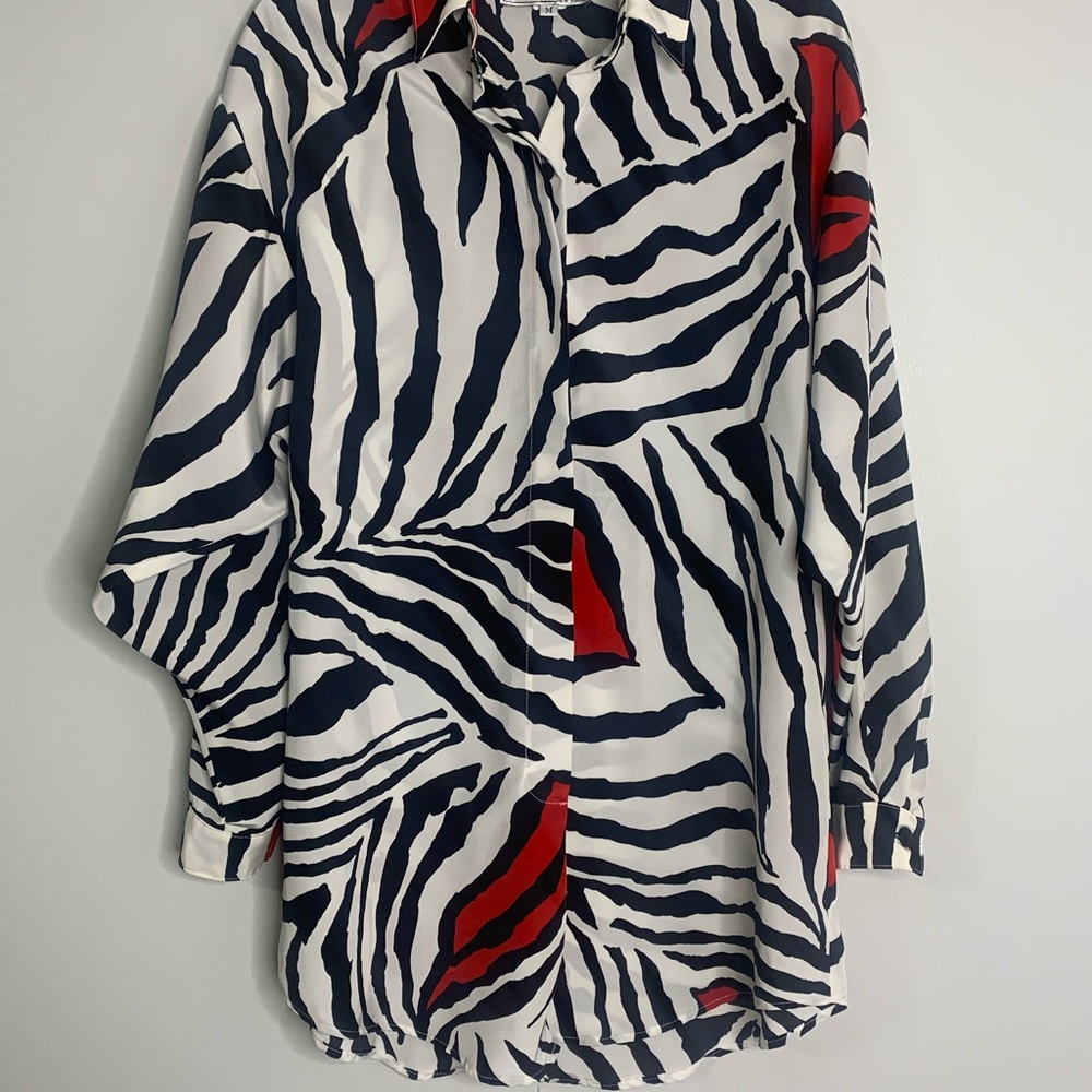 Vintage Helen Fabrikant Tunic Top Blouse Zebra Print Red Accent sz Med USA
